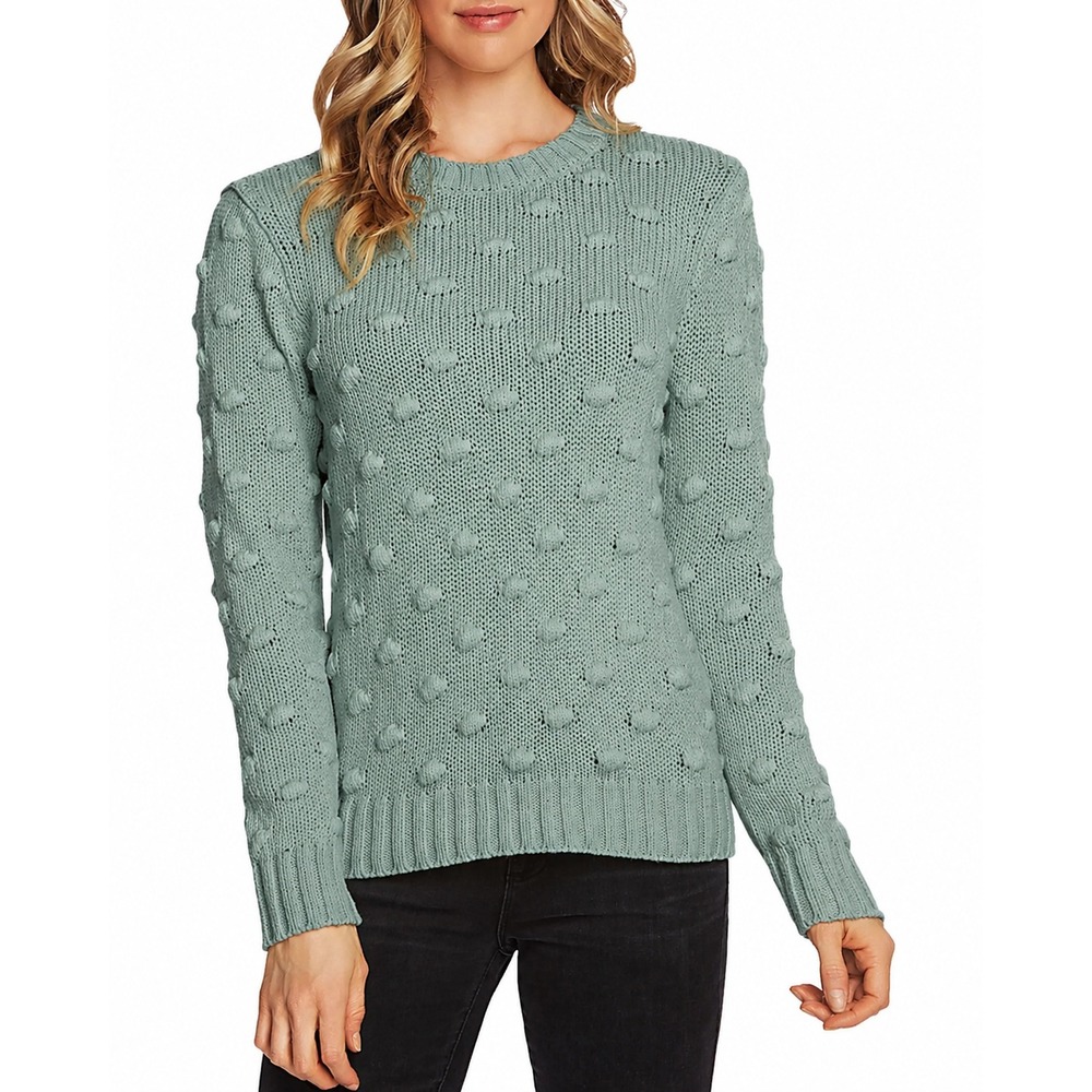 Vince Camuto Women Sage Green Bobble Popcorn Knit Cotton Crewneck Sweater Large